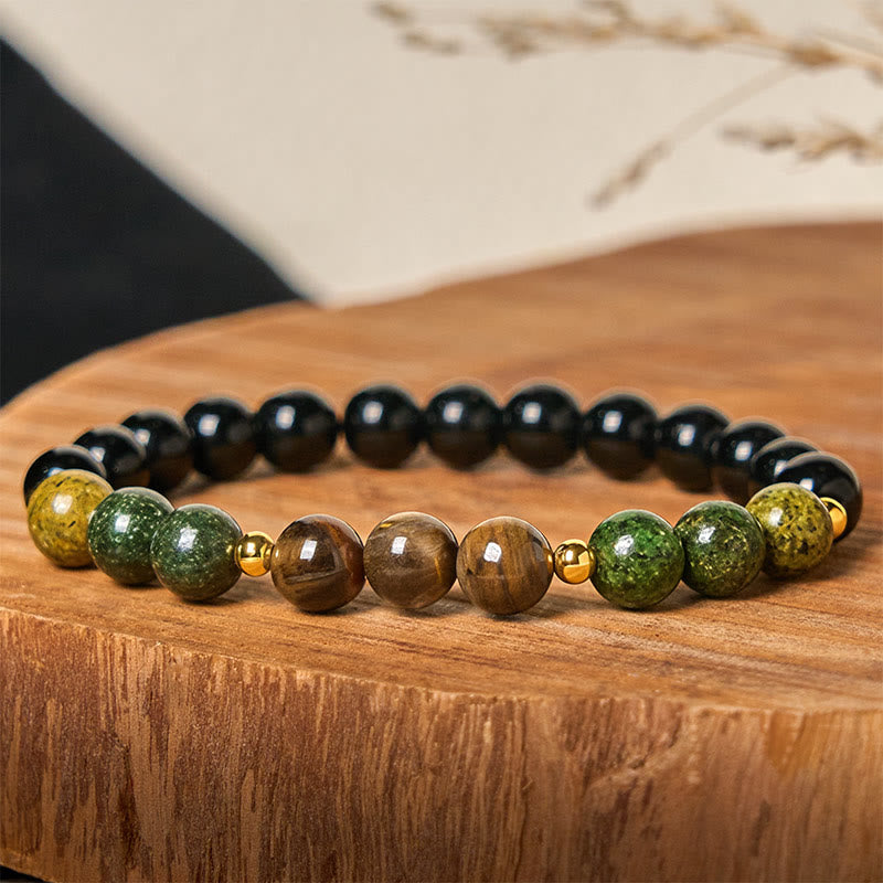 Buddha Stones, Türkis, Tigerauge, Perlen, Glas, Balance, Gelassenheitsarmband - Türkis und Tigerauge (Handgelenkumfang: 15–17 cm) - image 0