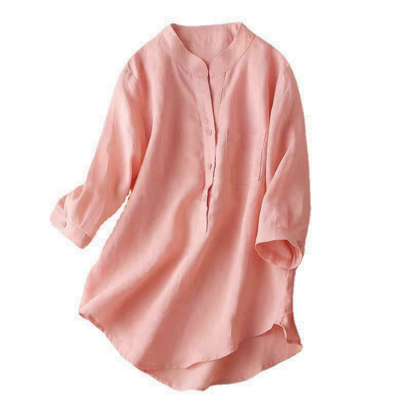 Buddha Stones Lässiges Damen-Shirt mit V-Ausschnitt und Dreiviertelärmeln, einfarbig, aus Baumwolle und Leinen - image 18