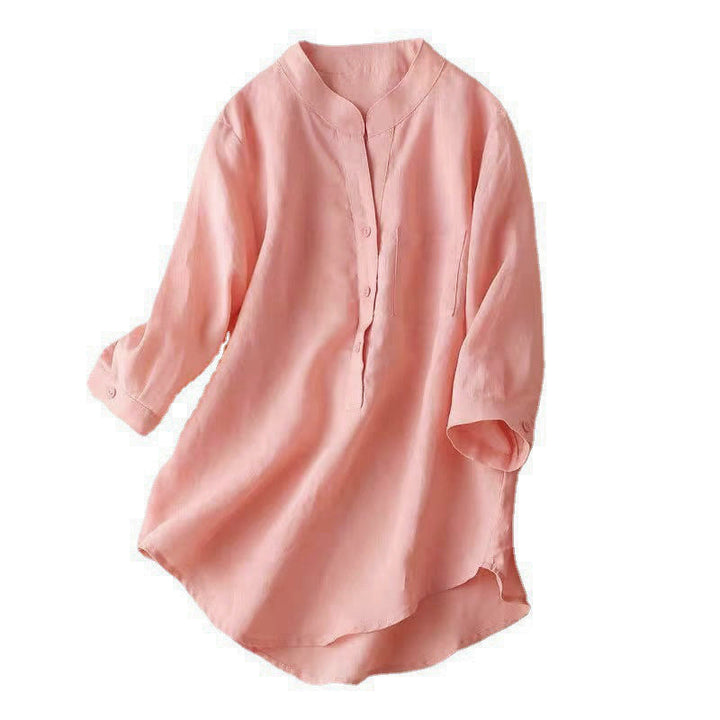 Buddha Stones Lässiges Damen-Shirt mit V-Ausschnitt und Dreiviertelärmeln, einfarbig, aus Baumwolle und Leinen - image 18