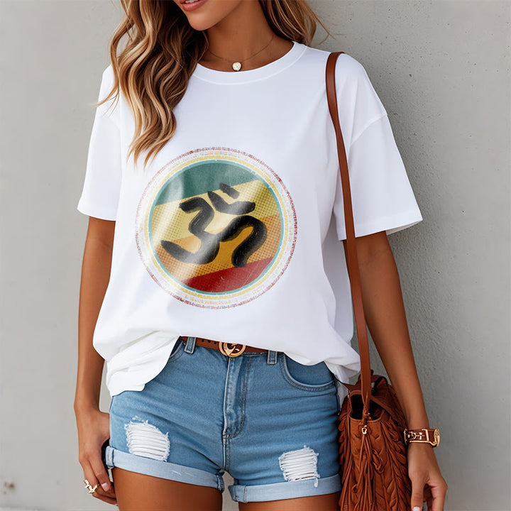 Buddha Stones, leuchtende Farben, einfaches kreisförmiges Mandala-Muster, Om-Symbol, T-Shirt aus Baumwolle - image 3