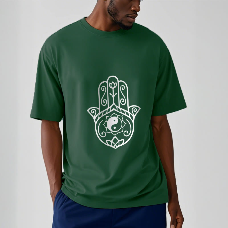 Buddha Stones Hamsa Hand Yin Yang Muster T-Shirt Baumwolle T-Shirt - image 2