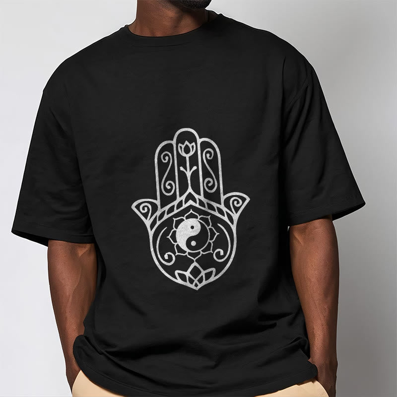 Buddha Stones Hamsa Hand Yin Yang Muster T-Shirt Baumwolle T-Shirt - image 5