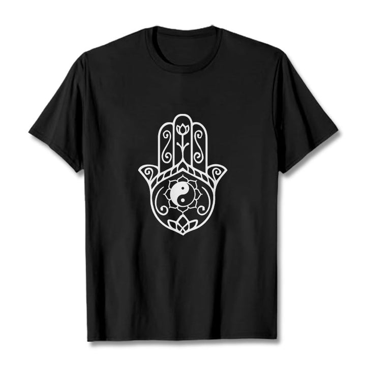 Buddha Stones Hamsa Hand Yin Yang Muster T-Shirt Baumwolle T-Shirt - Schwarz - 2XL - image 4