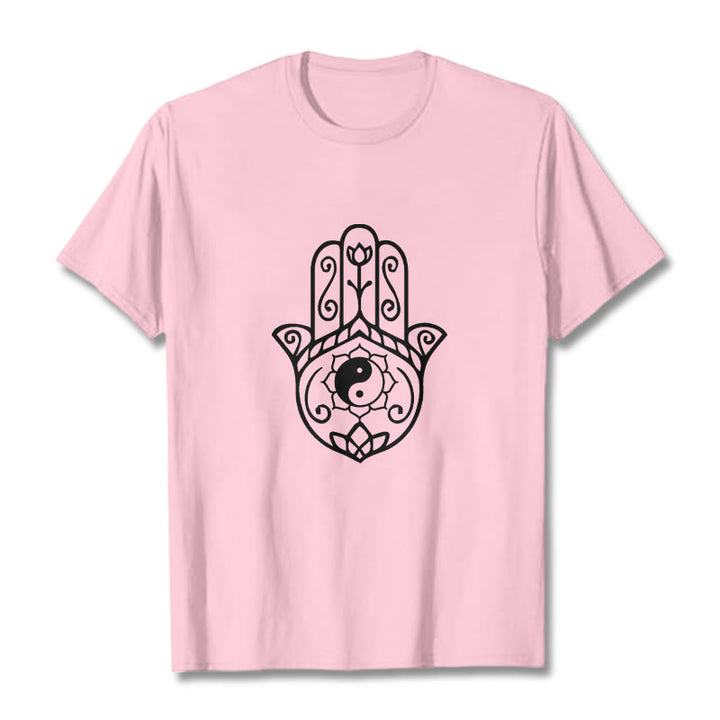Buddha Stones Hamsa Hand Yin Yang Muster T-Shirt Baumwolle T-Shirt - Hellrosa - 2XL - image 13