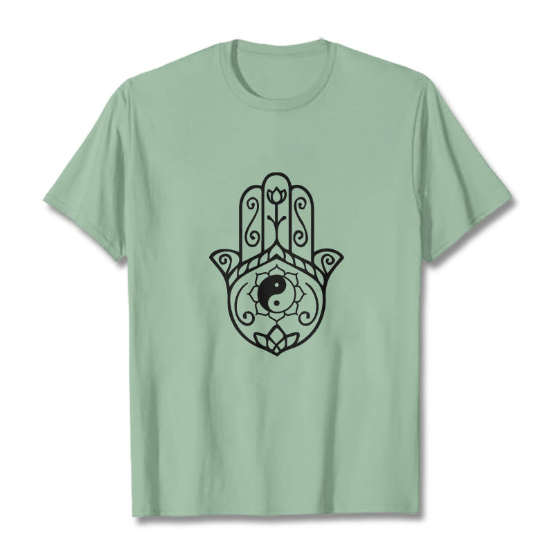 Buddha Stones Hamsa Hand Yin Yang Muster T-Shirt Baumwolle T-Shirt - Blassgrün - 2XL - image 15
