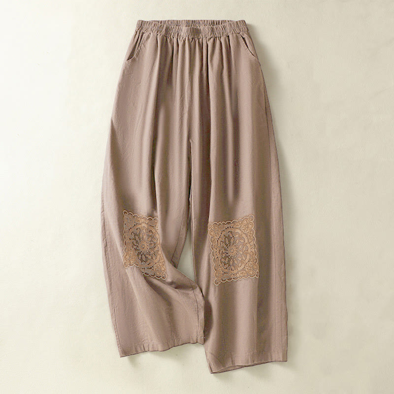 Buddha Stones Vintage Sommer Casual Stickerei Paisley Muster Damen Baumwolle Leinen Haremshose mit Taschen - Schokolade - US8-10, UK/AU12-14, EU40-42 (2XL) - image 0