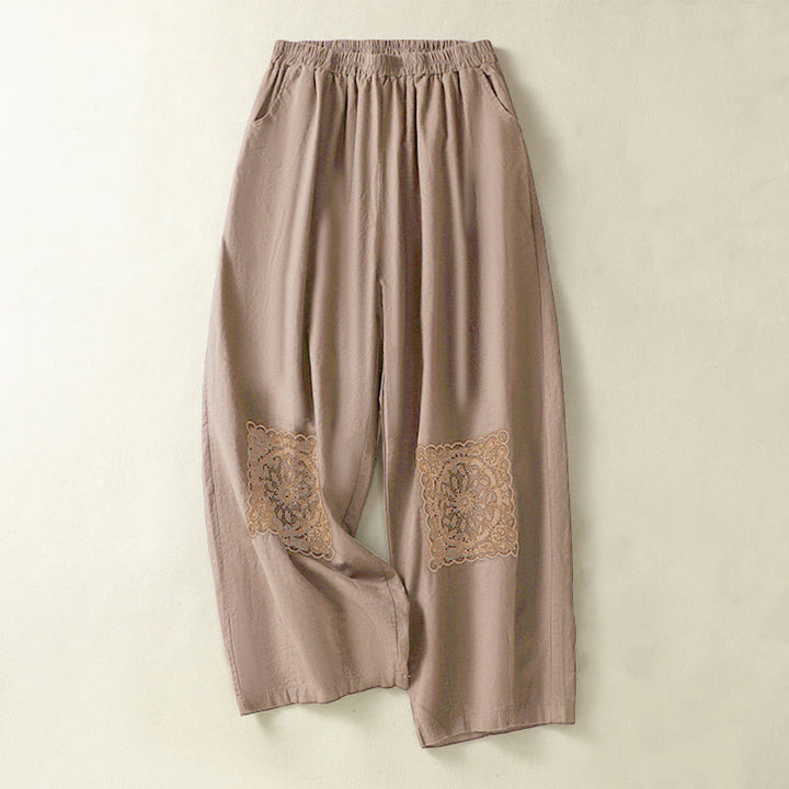 Buddha Stones Vintage Sommer Casual Stickerei Paisley Muster Damen Baumwolle Leinen Haremshose mit Taschen - Schokolade - US8-10, UK/AU12-14, EU40-42 (2XL) - image 0