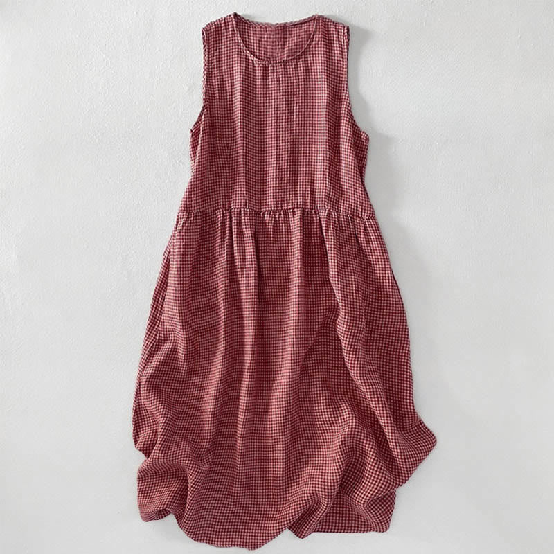 Buddha Stones Lässiges, schlichtes, handgemachtes kariertes Midikleid aus Baumwolle, ärmelloses Kleid mit Taschen - DarkSalmon - US14， UK/AU18，EU46 (2XL) - image 0