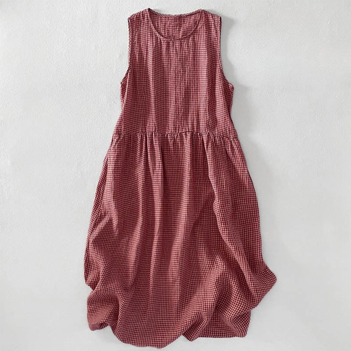Buddha Stones Lässiges, schlichtes, handgemachtes kariertes Midikleid aus Baumwolle, ärmelloses Kleid mit Taschen - DarkSalmon - US14， UK/AU18，EU46 (2XL) - image 0