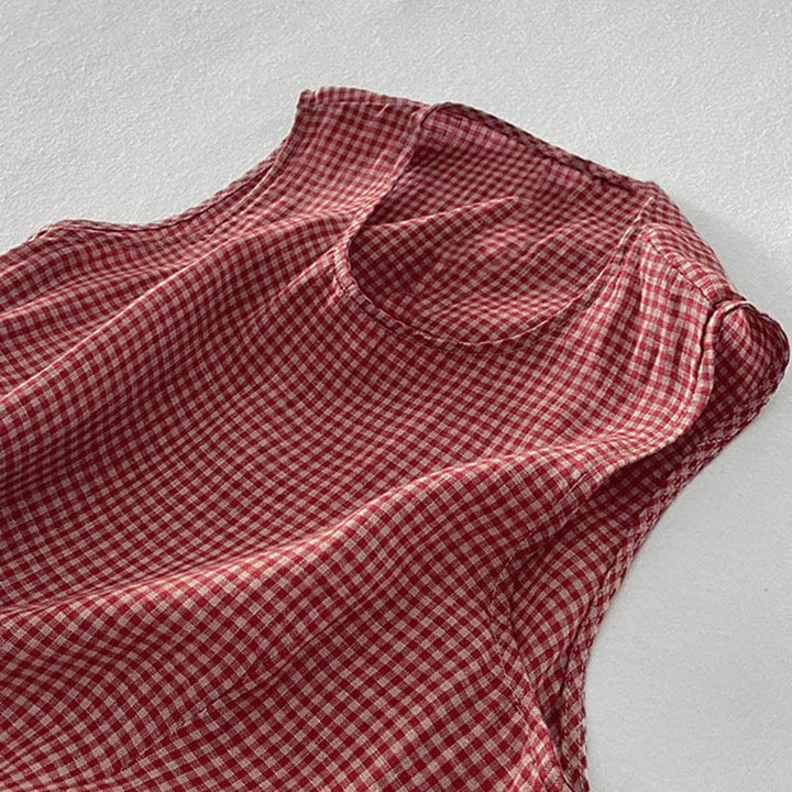 Buddha Stones Lässiges, schlichtes, handgemachtes kariertes Midikleid aus Baumwolle, ärmelloses Kleid mit Taschen - image 7