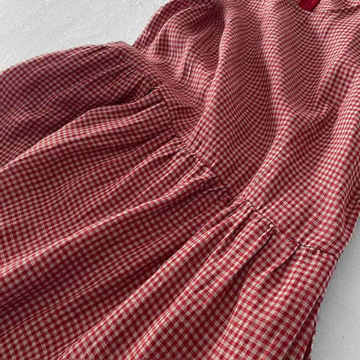 Buddha Stones Lässiges, schlichtes, handgemachtes kariertes Midikleid aus Baumwolle, ärmelloses Kleid mit Taschen - image 5