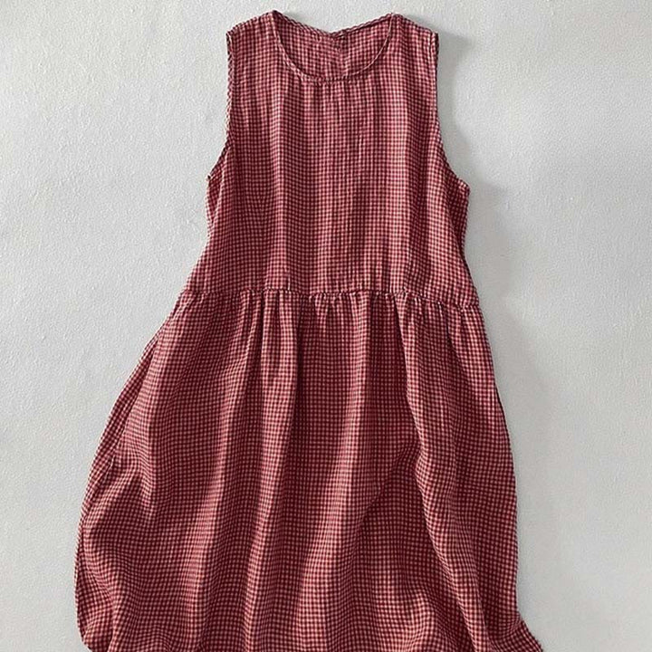 Buddha Stones Lässiges, schlichtes, handgemachtes kariertes Midikleid aus Baumwolle, ärmelloses Kleid mit Taschen - image 4