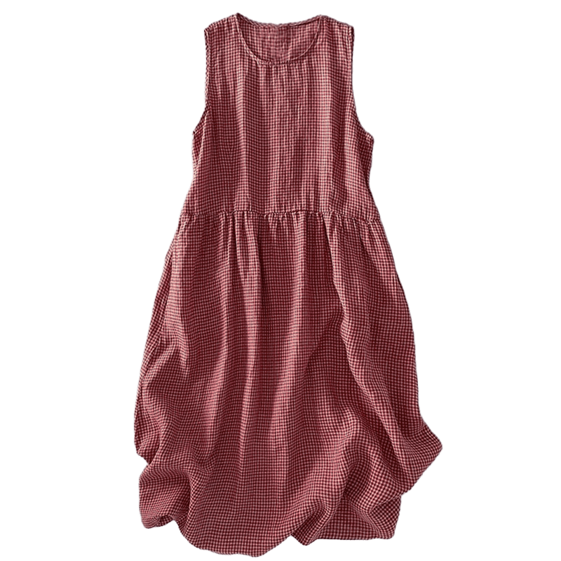 Buddha Stones Lässiges, schlichtes, handgemachtes kariertes Midikleid aus Baumwolle, ärmelloses Kleid mit Taschen - image 8