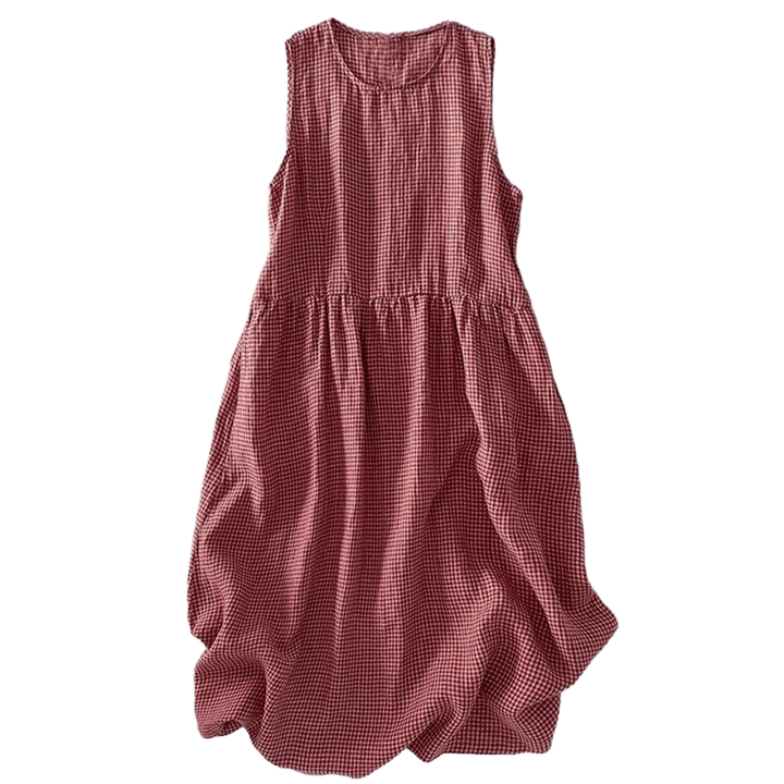 Buddha Stones Lässiges, schlichtes, handgemachtes kariertes Midikleid aus Baumwolle, ärmelloses Kleid mit Taschen - image 8