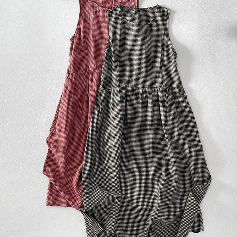 Buddha Stones Lässiges, schlichtes, handgemachtes kariertes Midikleid aus Baumwolle, ärmelloses Kleid mit Taschen - image 17