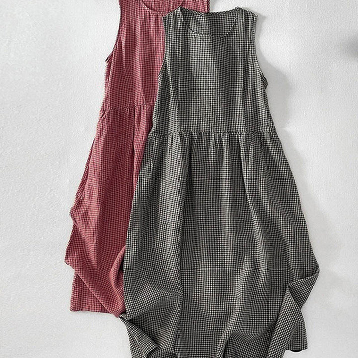 Buddha Stones Lässiges, schlichtes, handgemachtes kariertes Midikleid aus Baumwolle, ärmelloses Kleid mit Taschen - image 17