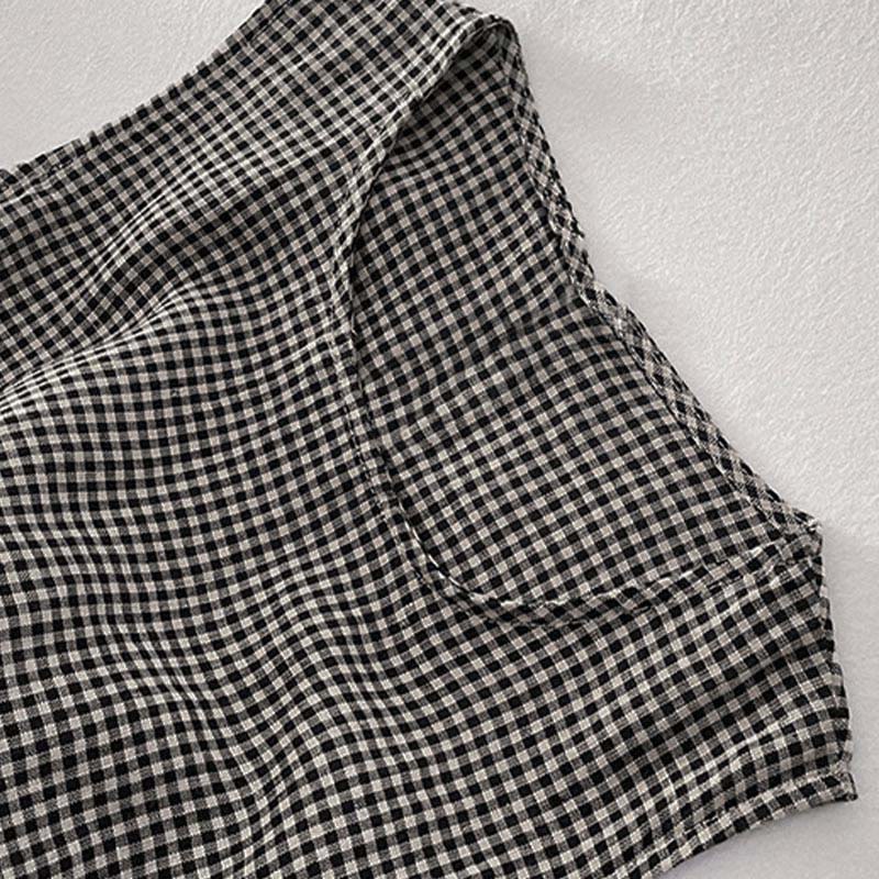 Buddha Stones Lässiges, schlichtes, handgemachtes kariertes Midikleid aus Baumwolle, ärmelloses Kleid mit Taschen - image 10