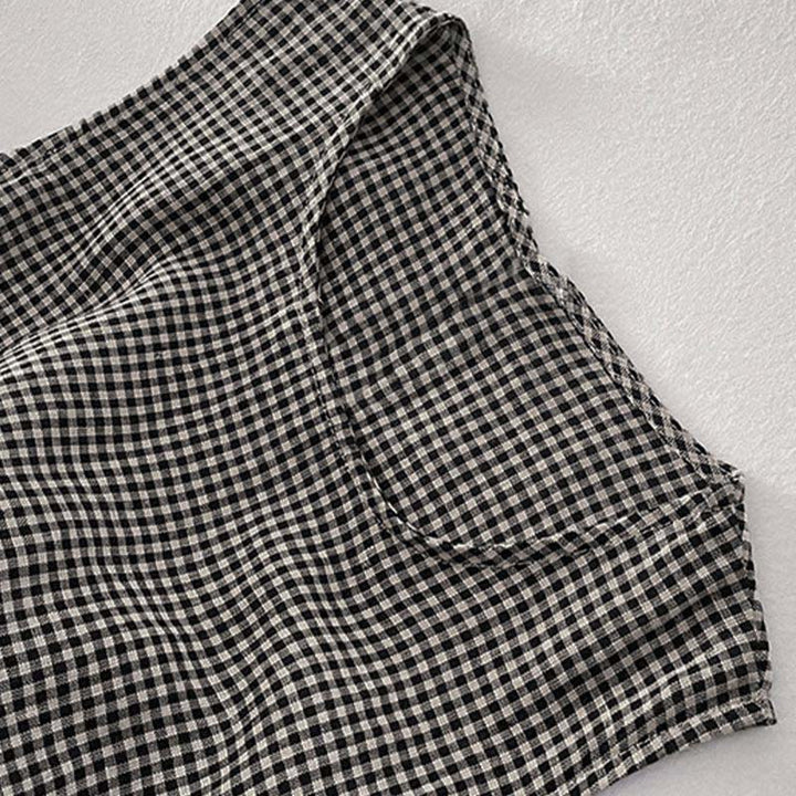 Buddha Stones Lässiges, schlichtes, handgemachtes kariertes Midikleid aus Baumwolle, ärmelloses Kleid mit Taschen - image 10
