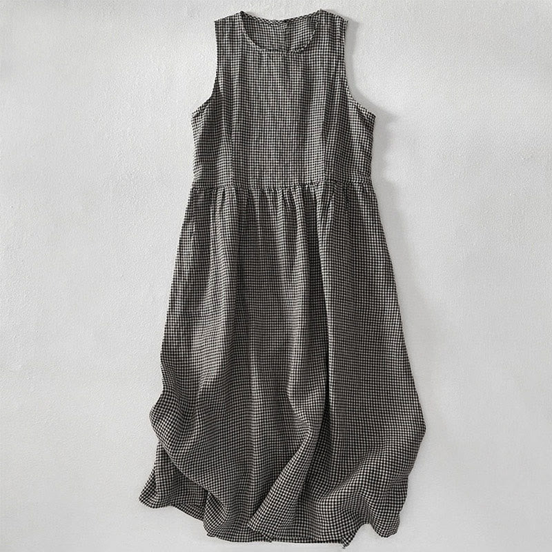 Buddha Stones Lässiges, schlichtes, handgemachtes kariertes Midikleid aus Baumwolle, ärmelloses Kleid mit Taschen - Dunkelgrau - US14， UK/AU18，EU46 (2XL) - image 9
