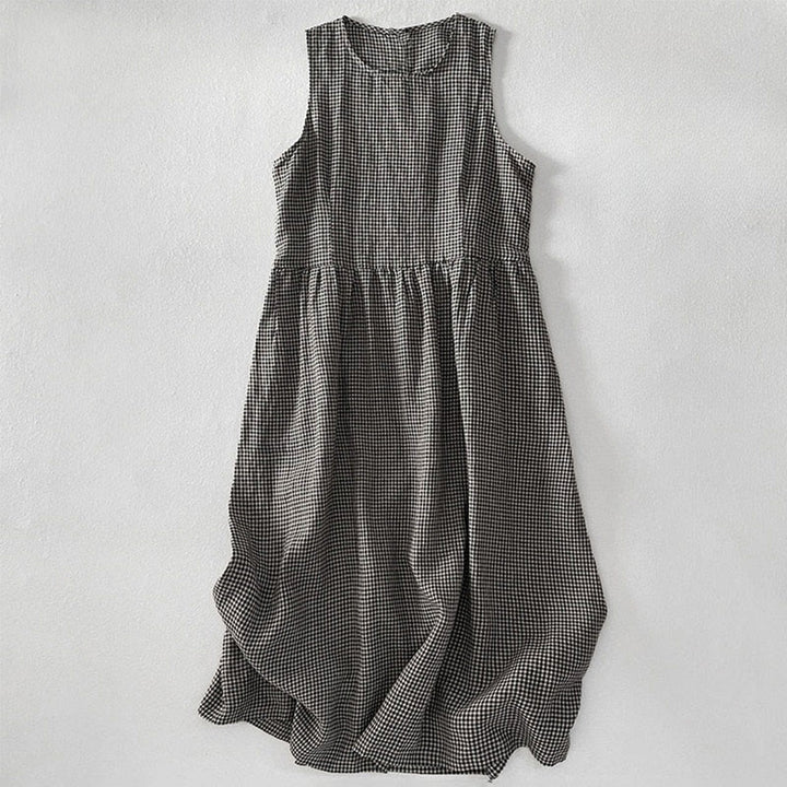 Buddha Stones Lässiges, schlichtes, handgemachtes kariertes Midikleid aus Baumwolle, ärmelloses Kleid mit Taschen - Dunkelgrau - US14， UK/AU18，EU46 (2XL) - image 9