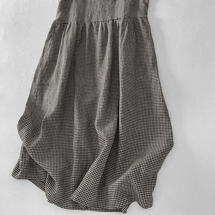 Buddha Stones Lässiges, schlichtes, handgemachtes kariertes Midikleid aus Baumwolle, ärmelloses Kleid mit Taschen - image 13