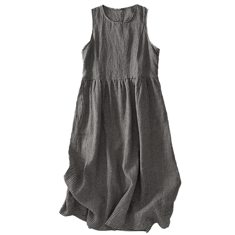 Buddha Stones Lässiges, schlichtes, handgemachtes kariertes Midikleid aus Baumwolle, ärmelloses Kleid mit Taschen - image 16