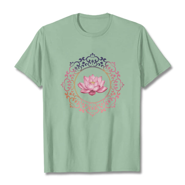 Buddha Stones ​​Mandala Rosa Lotus Muster T-Shirt Baumwolle T-shirt - Blassgrün - 2XL - image 14