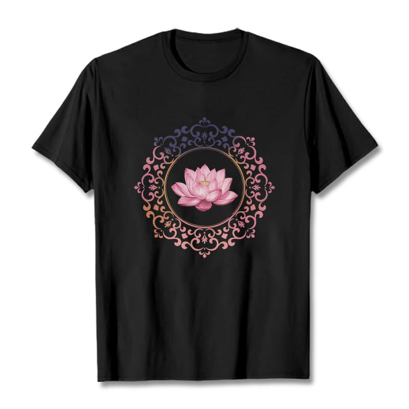 Buddha Stones ​​Mandala Rosa Lotus Muster T-Shirt Baumwolle T-shirt - Schwarz - 2XL - image 0