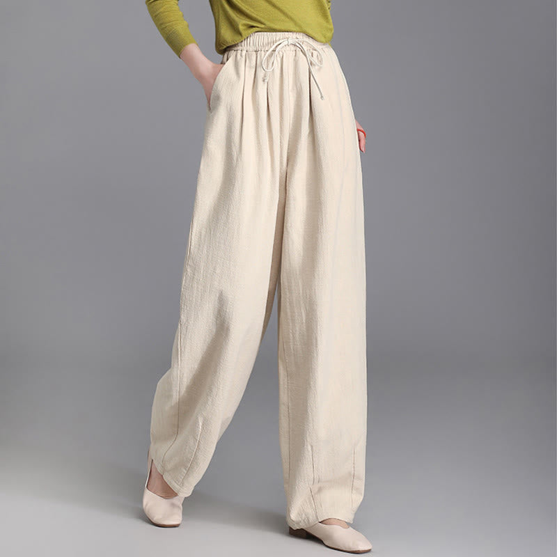 Buddha Stones Damen Casual Vintage Plain Kordelzug Karotten-Design Baumwolle Leinen Hose mit Taschen - Beige - US6， UK/AU10，EU38 (L) - image 0