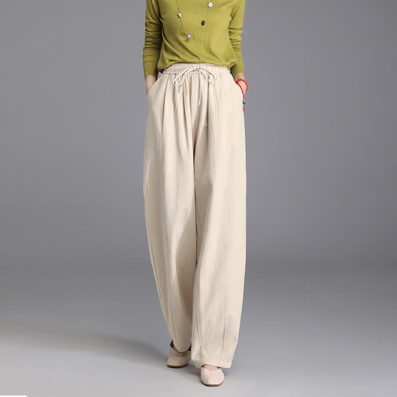Buddha Stones Damen Casual Vintage Plain Kordelzug Karotten-Design Baumwolle Leinen Hose mit Taschen - image 1