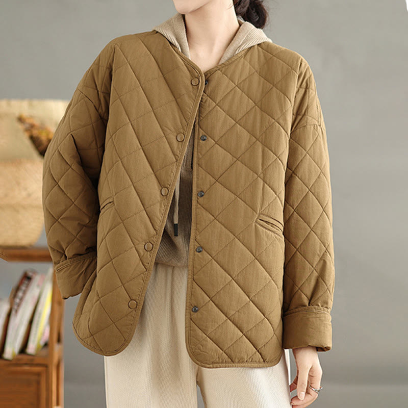 Buddha Stones Damen-Thermojacke aus Baumwolle mit Knöpfen und Rautensteppung, langärmlig, mit Taschen - image 1