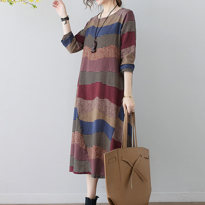 Buddha Stones Ethnic Printing Striped Pattern Langarm-Midikleid aus Baumwolle und Leinen mit Taschen - image 6