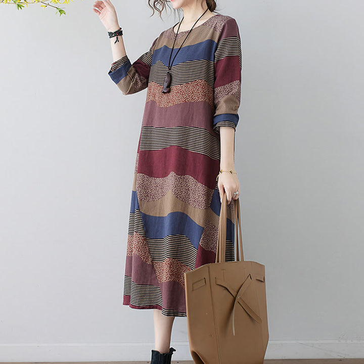 Buddha Stones Ethnic Printing Striped Pattern Langarm-Midikleid aus Baumwolle und Leinen mit Taschen - image 6