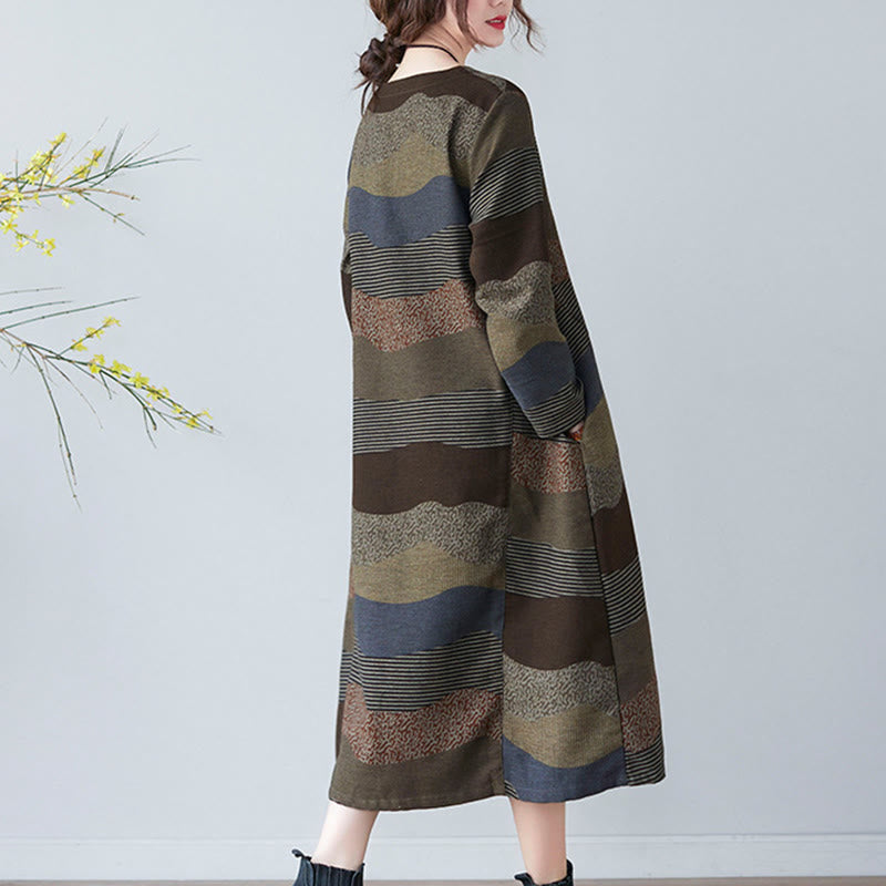 Buddha Stones Ethnic Printing Striped Pattern Langarm-Midikleid aus Baumwolle und Leinen mit Taschen - image 20