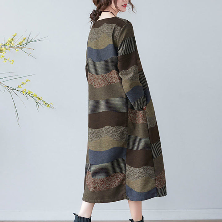 Buddha Stones Ethnic Printing Striped Pattern Langarm-Midikleid aus Baumwolle und Leinen mit Taschen - image 20