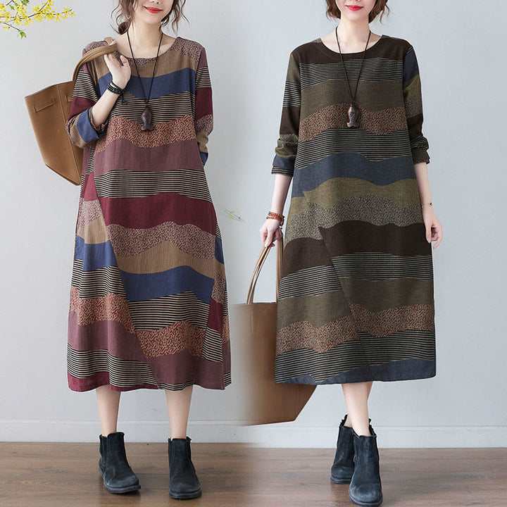 Buddha Stones Ethnic Printing Striped Pattern Langarm-Midikleid aus Baumwolle und Leinen mit Taschen - image 0