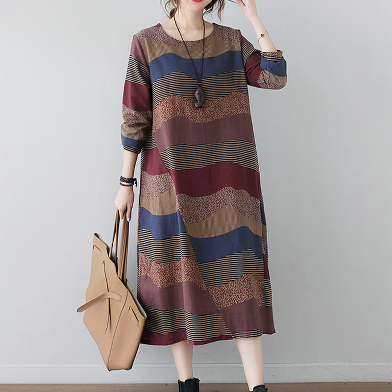 Buddha Stones Ethnic Printing Striped Pattern Langarm-Midikleid aus Baumwolle und Leinen mit Taschen - image 4