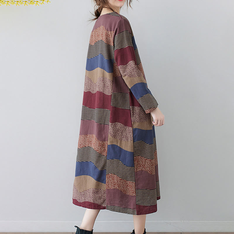 Buddha Stones Ethnic Printing Striped Pattern Langarm-Midikleid aus Baumwolle und Leinen mit Taschen - image 8