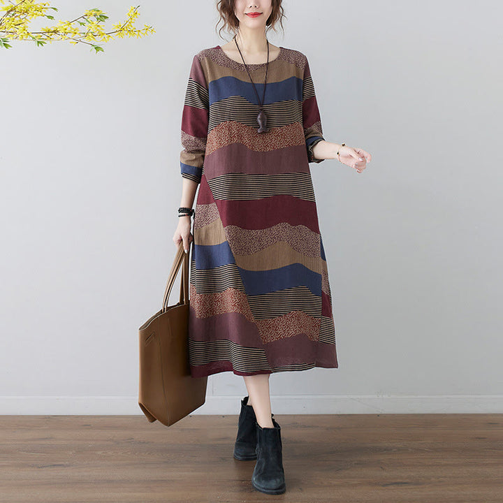 Buddha Stones Ethnic Printing Striped Pattern Langarm-Midikleid aus Baumwolle und Leinen mit Taschen - Braun - US8-10， UK/AU12-14，EU40-42 (2XL) - image 1