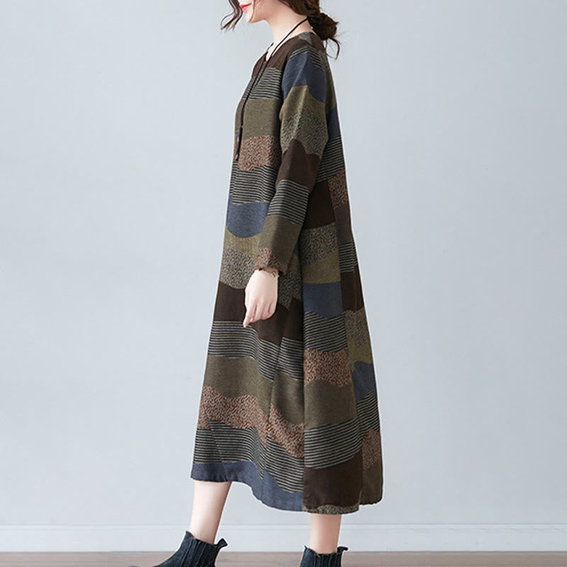 Buddha Stones Ethnic Printing Striped Pattern Langarm-Midikleid aus Baumwolle und Leinen mit Taschen - image 17
