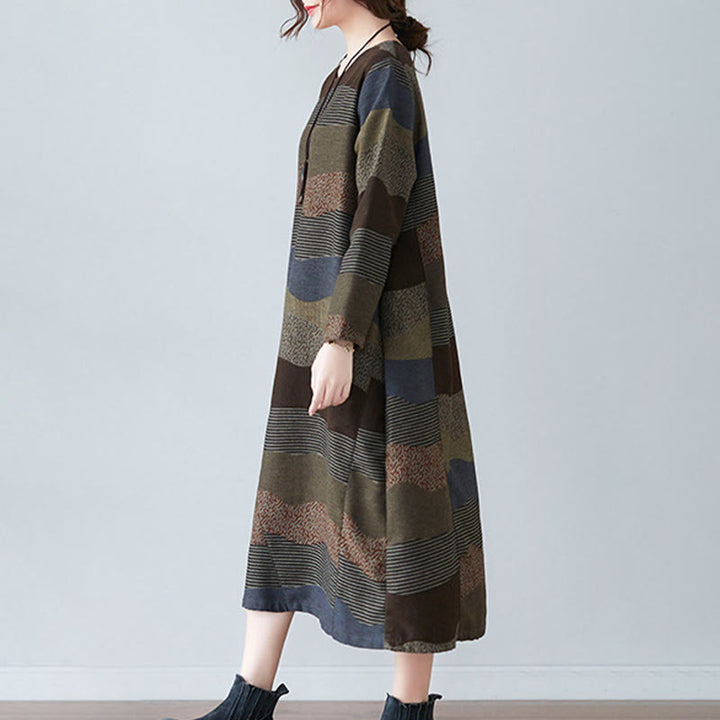 Buddha Stones Ethnic Printing Striped Pattern Langarm-Midikleid aus Baumwolle und Leinen mit Taschen - image 17