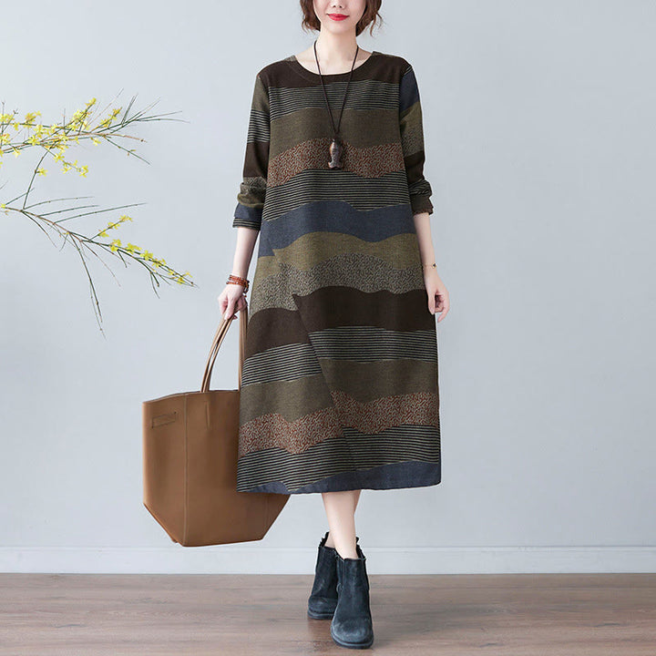 Buddha Stones Ethnic Printing Striped Pattern Langarm-Midikleid aus Baumwolle und Leinen mit Taschen - DunkelOlivGrün - US8-10， UK/AU12-14，EU40-42 (2XL) - image 15