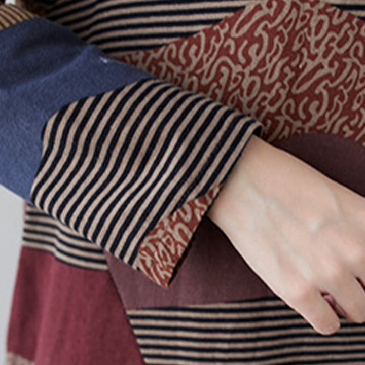 Buddha Stones Ethnic Printing Striped Pattern Langarm-Midikleid aus Baumwolle und Leinen mit Taschen - image 13