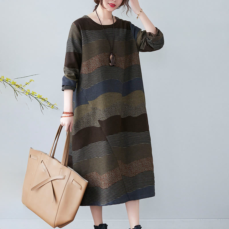 Buddha Stones Ethnic Printing Striped Pattern Langarm-Midikleid aus Baumwolle und Leinen mit Taschen - image 23