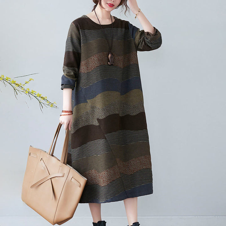 Buddha Stones Ethnic Printing Striped Pattern Langarm-Midikleid aus Baumwolle und Leinen mit Taschen - image 23