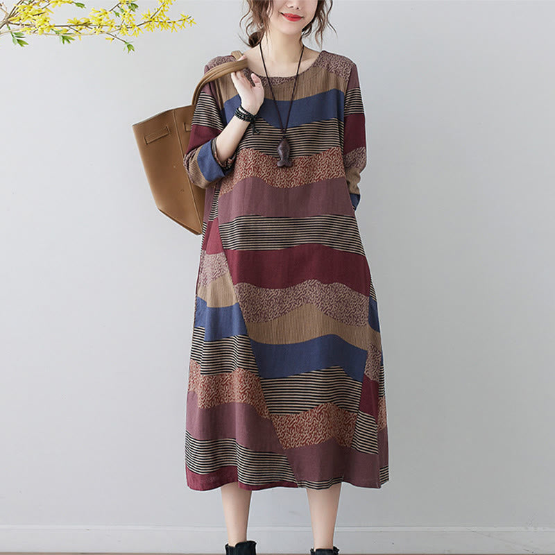 Buddha Stones Ethnic Printing Striped Pattern Langarm-Midikleid aus Baumwolle und Leinen mit Taschen - image 10