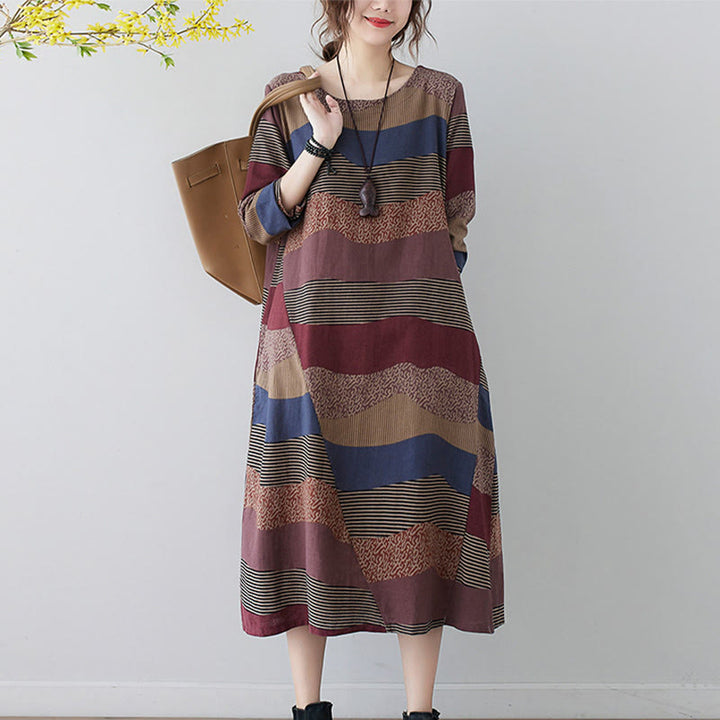 Buddha Stones Ethnic Printing Striped Pattern Langarm-Midikleid aus Baumwolle und Leinen mit Taschen - image 10