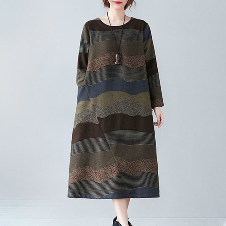 Buddha Stones Ethnic Printing Striped Pattern Langarm-Midikleid aus Baumwolle und Leinen mit Taschen - image 18
