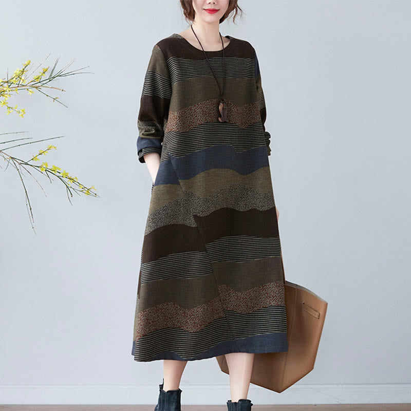 Buddha Stones Ethnic Printing Striped Pattern Langarm-Midikleid aus Baumwolle und Leinen mit Taschen - image 22