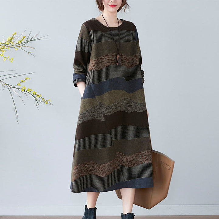 Buddha Stones Ethnic Printing Striped Pattern Langarm-Midikleid aus Baumwolle und Leinen mit Taschen - image 22